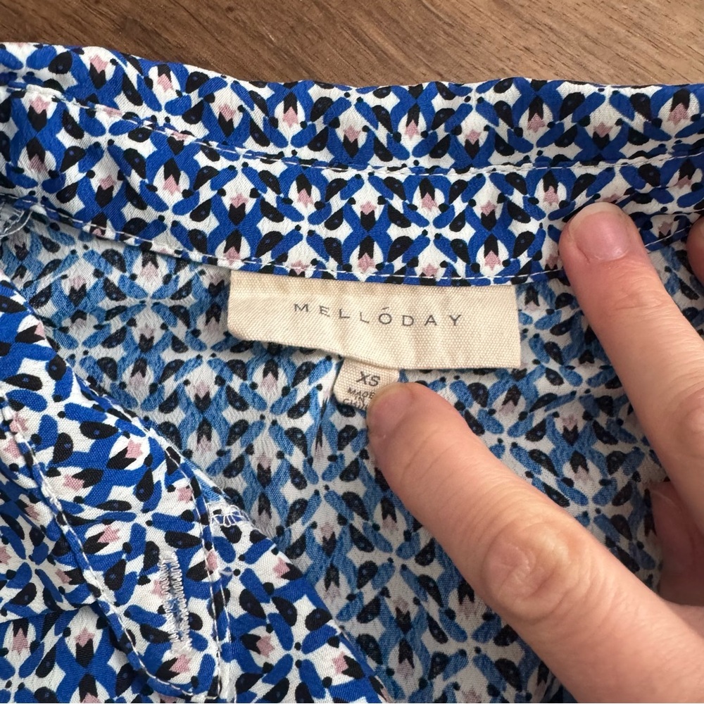 EUC - Melloday - Elegant Blue Patterned Women's Belted Midi Dress with Collar - Picture 6 of 11